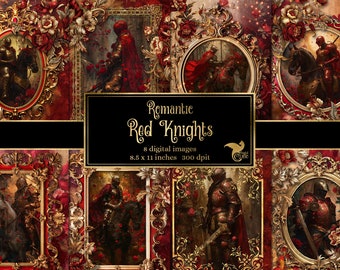 Red Knights Journal Papier, romantische Rokoko Fantasie, bedruckbares 8,5 x 11 Digitalpapier (Instant Download)