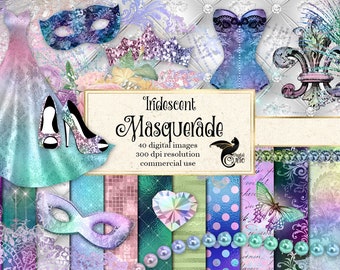 Iridescent Masquerade Digital Scrapbook Kit, rainbow Mardi Gras clipart and digital paper masquerade clip art graphics instant download