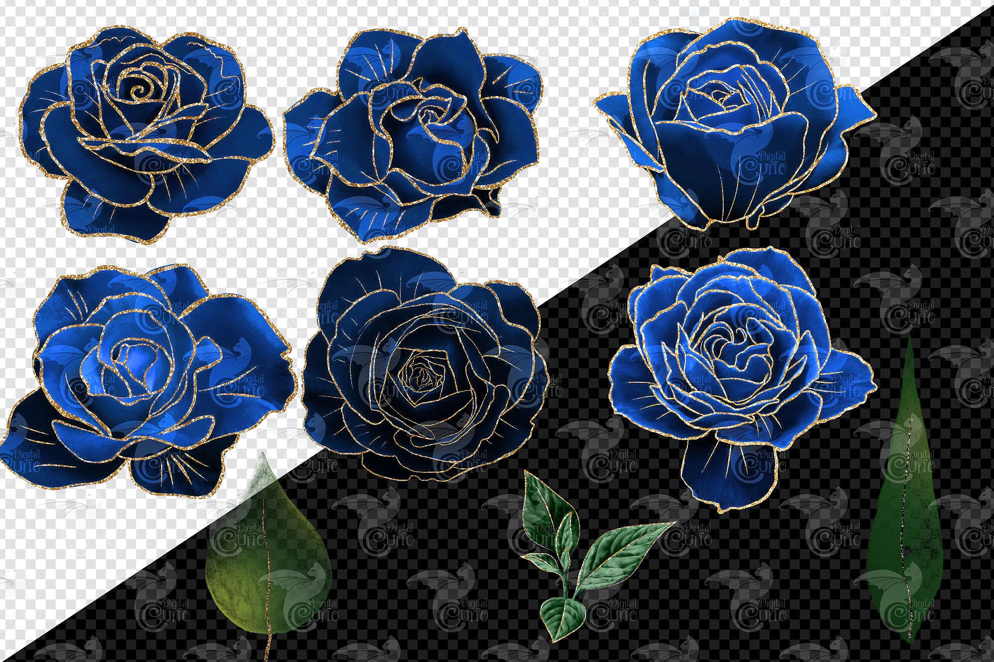 Royal Blue and Gold Glam Rose Clip Art Digital Instant - Etsy