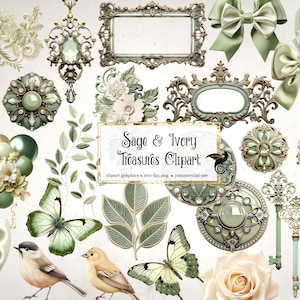 Salie en ivoor schatten clipart, digitale clipart png knoppen en strikken rustieke shabby graphics