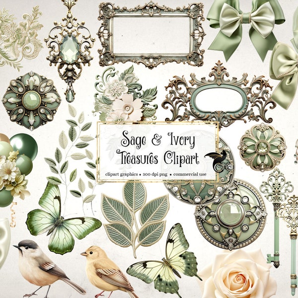 Sage and Ivory Treasures Clipart, digital clipart png buttons and bows rustic shabby graphics