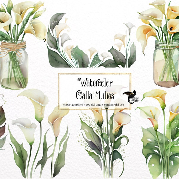 Watercolor Calla Lilies Clipart - spring lily floral wreaths and frames in PNG format instant download for commercial use