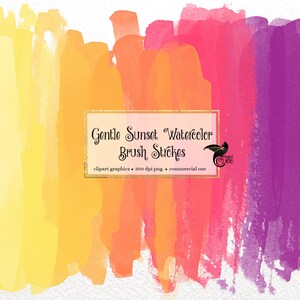 Peut inclure: Une illustration numérique de coups de pinceau aquarelle dans des tons de jaune, orange, rouge et violet. Le texte "Gentle Sunset Watercolor Brush Strokes" est au centre de l'image.