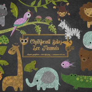Tafel Baby Zoo Tiere Clipart Set - Dschungel Safari Clipart, Kreide Tiere Clip Art, Löwen, Affen, Elefanten, niedliche Tierbabys