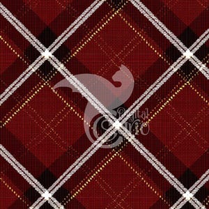 May include: A close-up of a red plaid pattern with white and black intersecting lines. The plaid design has a diagonal orientation, creating a diamond pattern. The fabric has a textured appearance, with a subtle sheen.