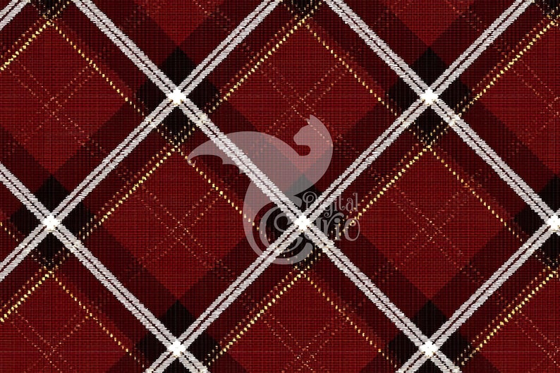 May include: A close-up of a red plaid pattern with white and black intersecting lines. The plaid design has a diagonal orientation, creating a diamond pattern. The fabric has a textured appearance, with a subtle sheen.