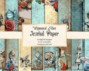 Könnte beinhalten: Ein Set mit 16 digitalen Papieren mit skurrilen Alice-im-Wunderland-Illustrationen. Die Papiere sind 21,6 x 27,9 cm groß und für kommerzielle Zwecke bestimmt.