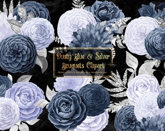 Dusty Blue and Silver Floral Bouquets Clipart, digital instant download navy and silver glitter wedding flower png commercial use