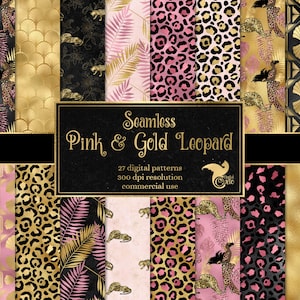 Pink and Gold Leopard Digital Paper, seamless leopard spot patterns, animal print in Art Deco style instant download commercial use