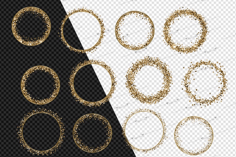 May include: Ten gold glitter circle frames with a transparent background. The frames are perfect for adding a touch of sparkle to your designs.