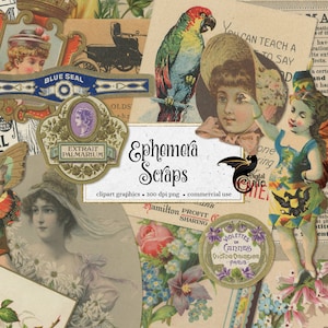 100 ritagli Ephemera in formato digitale, cartoline vintage antiche ed elementi di scrapbook download immediato clipart per uso commerciale