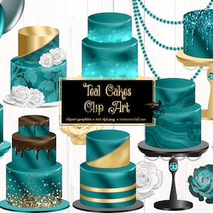 Teal Cakes Clipart, digital instant download cake clip art graphics in teal and gold for commercial use