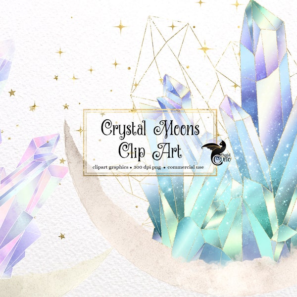 Crystal Moons Clipart - digital clip art graphics of watercolor boho mystical moon with stars and flowers for commercial use
