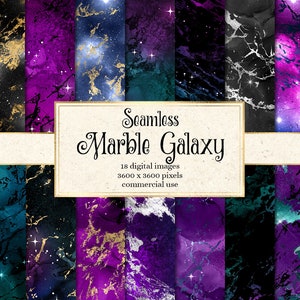 Marble Galaxy Digital Paper, seamless watercolor universe textures with silver and gold marble vein instant download for commercial use
