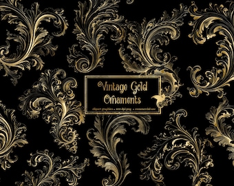 Vintage Gold Rokoko Ornamente Clipart - Antike Rahmen Grafiken (PNG Digital Download)