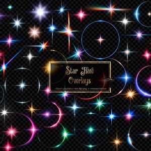 May include: A collection of digital star flare and lens flare overlays in various colors including blue, pink, gold, and white. The image features multiple light effects, circular lens rings, and a central rectangular frame with the text Star Flare Overlays.