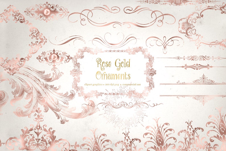 May include: A set of 20 rose gold decorative ornaments, including frames, borders, swirls, and flourishes. The ornaments are 300 dpi and are for commercial use. The text "Rose Gold Ornaments" is in the centre of the image.