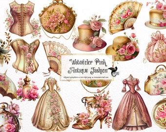 Watercolor Pink Antique Fashion Clipart - vintage shabby PNG format instant download for commercial use