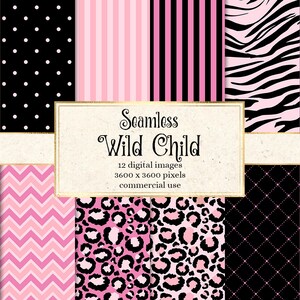 Wild Child Digital Paper, imprimé guépard rose et noir et fonds de rayures de tigre peaux d'animaux sans soudure téléchargement instantané utilisation commerciale