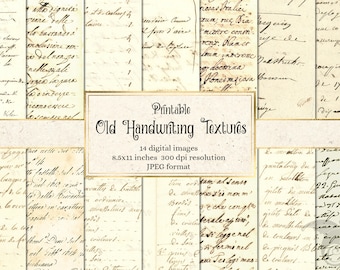 Op de afbeelding: Een collage van 14 afdrukbare digitale afbeeldingen met oude handschrifttexturen in een beige en bruine kleurstelling. De afbeeldingen zijn 8,5 x 11 inch en 300 dpi resolutie in JPEG-formaat.
