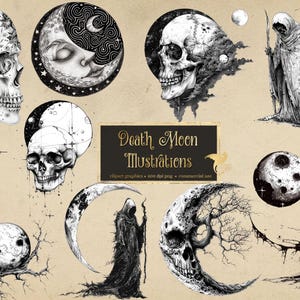 Death Moon Illustrations - antique Halloween clip art overlays in png format instant download for commercial use