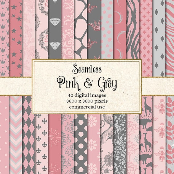 Pink and Gray Digital Paper, seamless baby shower digital paper pink patterns backgrounds printable scrapbook paper instant download