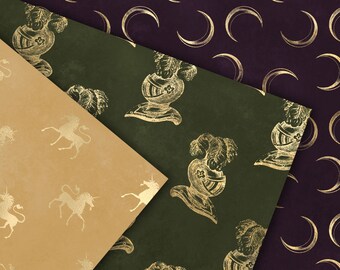 Golden Fantasy Unicorn Digital Paper, Seamless Patterns