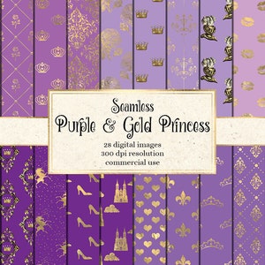 Purple and Gold Princess Digital Paper, seamless princess patterns instant download printable scrapbook paper for birthdays and baby showers