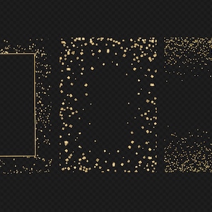 May include: Three frames with a gold glitter border. The frames are on a black background.