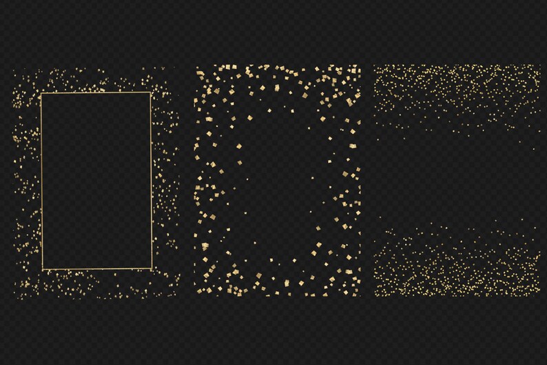 May include: Three frames with a gold glitter border. The frames are on a black background.