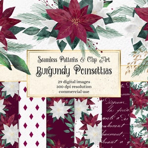 Conjunto de clipart e papel digital de poinsétias da Borgonha - gráficos de Natal e padrões contínuos, papel de scrapbook imprimível para uso comercial