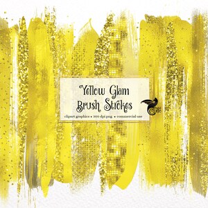 May include: Yellow Glam Brush Strokes digital clipart. The image features a collection of yellow brush strokes with glitter and a mosaic effect. The text "Yellow Glam Brush Strokes" is displayed on a rectangular label.