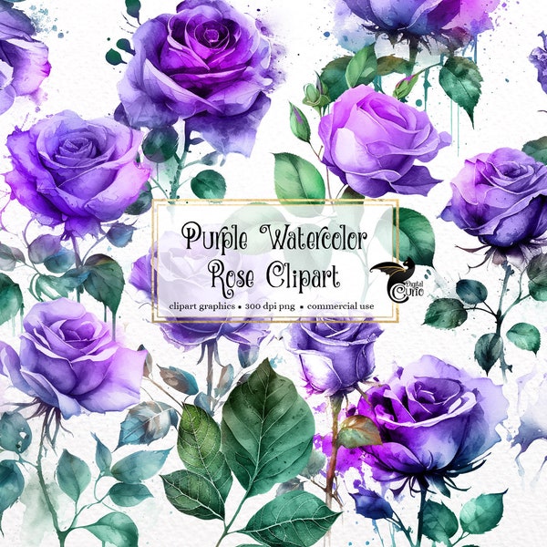 Purple Watercolor Roses Clipart - flowers, roses and leaves in PNG format instant download for commercial use