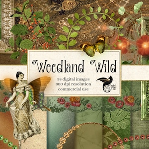 Woodland Wild Digital Scrapbooking Kit - Vintage Fantasy png Lace, Perlen, Blumen, Vögel, Fee, Schmetterlinge, Cliparts sofortiger download