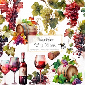 Aquarell Wein Clipart - digitale png Weintrauben, Rot- und Weißwein Feier Grafiken zum sofortigen Download kommerzielle Nutzung