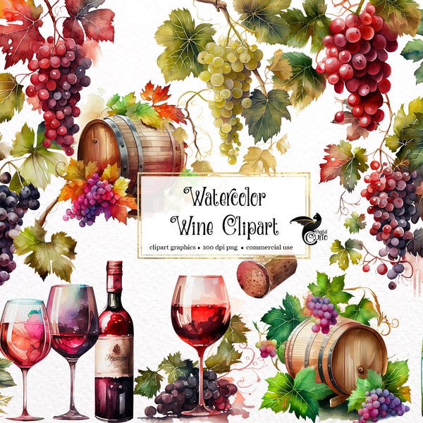 Watercolor Wine Clipart - digital png wine grapes, red and white wine celebration graphics for instant download commercial use