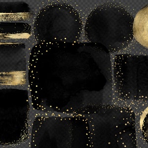 Black and Gold Watercolor Elements Clipart, watercolour frames in black paint digital PNG format instant download for commercial use image 2