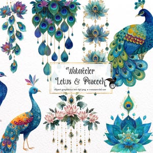 May include: Watercolor illustrations of peacocks and lotus flowers in shades of blue, teal, purple, and pink. The image includes several peacock depictions, lotus flower arrangements, and decorative elements. Text reads "Watercolor Lotus & Peacock".