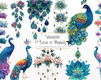 Könnte beinhalten: Aquarellillustrationen von Pfauen und Lotusblumen in Blau-, Türkis-, Lila- und Rosatönen. Das Bild enthält mehrere Pfauendarstellungen, Lotusblumenarrangements und dekorative Elemente. Der Text lautet "Watercolor Lotus & Peacock".