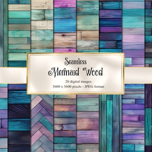 Papel digital Mermaid Wood, fondos de sirena con tablones de madera y papel imprimible de escamas de sirena para uso comercial
