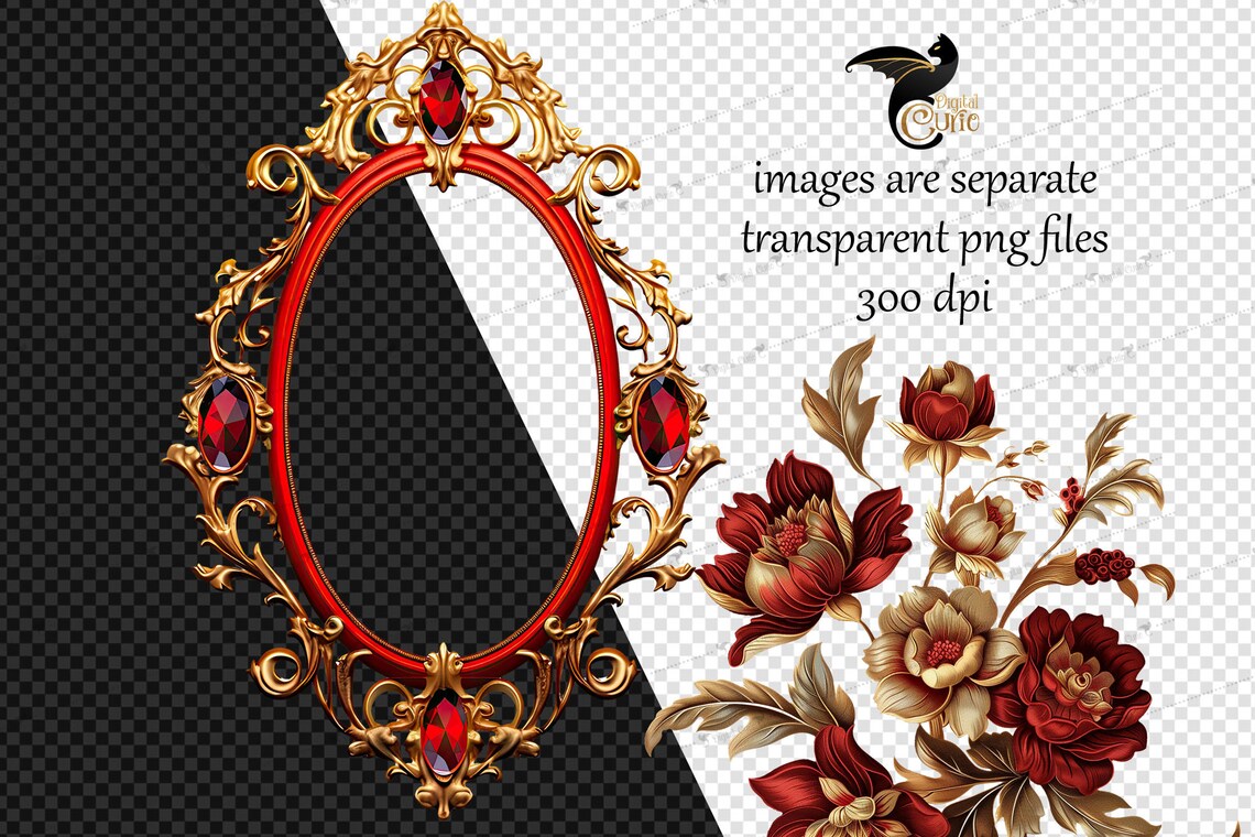 Red and Gold Rococo Flowers and Frames Clipart (PNG, Digital Download ...
