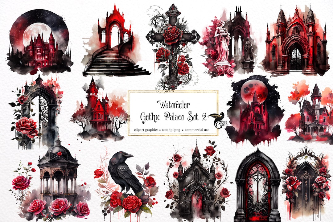 Watercolor Gothic Palace Clipart Set 2 Dark Fantasy Watercolor Garden ...
