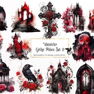 Watercolor Gothic Palace Clipart Set 2 - dark fantasy watercolor garden PNG format instant download for commercial use