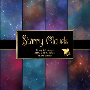 Starry Clouds Digital Paper, watercolor clouds backgrounds, cloud digital paper, starry night sky watercolor textures, scrapbook paper