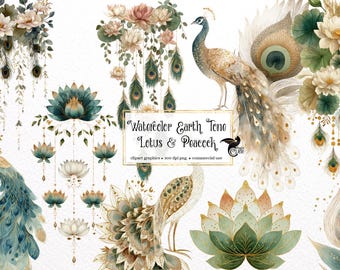 Watercolor Lotus & Peacock Clipart – Earth Tone Indian Wedding Graphics (PNG)