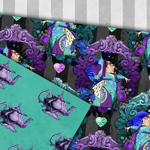 Dark Alice Digital Paper, vintage Alice's Adventures in Wonderland seamless patterns in purple and teal printable scrapbook paper image 2