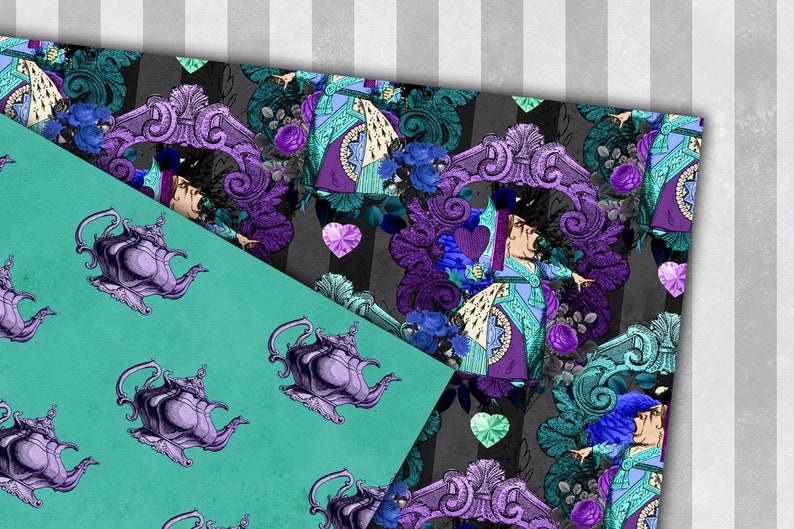 Dark Alice Digital Paper, vintage Alice's Adventures in Wonderland seamless patterns in purple and teal printable scrapbook paper image 2