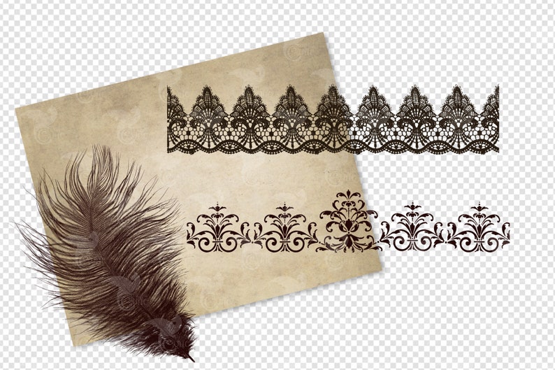 K&ouml;nnte beinhalten: Ein k&uuml;nstlerisches Arrangement mit sepiafarbenem Papier, einer dunkelbraunen Feder und zwei dekorativen Spitzenbord&uuml;ren. Die Spitzendesigns umfassen einen detaillierten, gewellten Rand und ein Blumenmuster, ideal f&uuml;r Vintage-Themen.