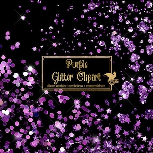 May include: Purple glitter confetti on a black background. The glitter is in the shape of hearts and stars. The text "Purple Glitter Clipart" is in a gold frame.