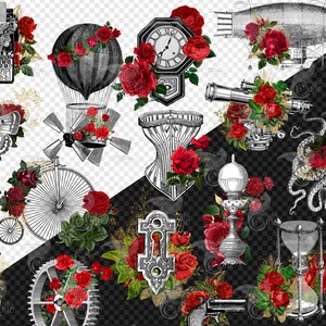 May include: A digital collage featuring vintage illustrations of a hot air balloon, an owl, a typewriter, a corset, a clock, a bicycle, an octopus, a keyhole, a lamp, an hourglass, and a skull. All of the illustrations are surrounded by red roses.